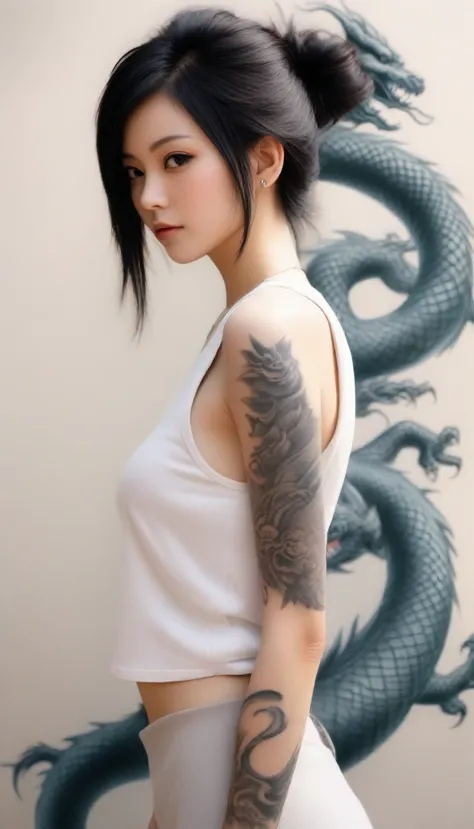 arafed asian woman with a dragon tattoo on her arm, of taiwanese girl with tattoos, beautiful realistic upper body, temporary ta...