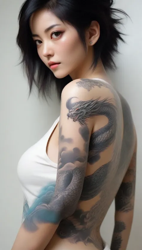 arafed asian woman with a dragon tattoo on her arm, of taiwanese girl with tattoos, beautiful realistic upper body, temporary ta...