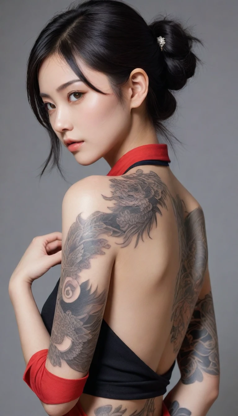 arafed asian woman with a dragon tattoo on her arm, of taiwanese girl with tattoos, beautiful realistic upper body, temporary tattoo, photograph of a sleeve tattoo, arm tattoo, oriental tattoos, arm tattoos, tattoo on upper arm, down left arm and back, kanji tattoos and decals, tattoo sleeve on her right arm, tattoo style, detailed realistic beautiful