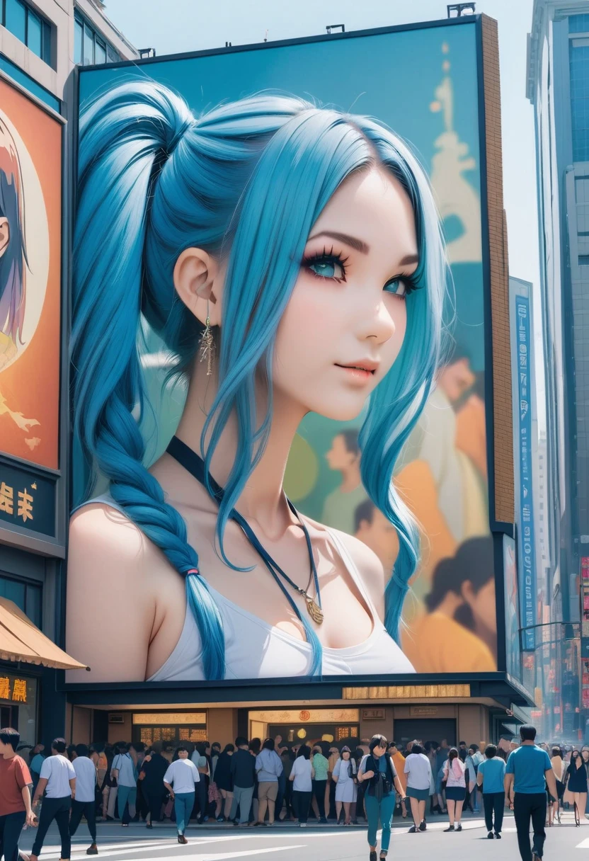 (best quality,4k,8k,highres,masterpiece:1.2),ultra-detailed,on the billboard in the city's cinema, a large poster of the movie with the name "AISHA HANABI", blue hair with side pigtsils, in the background a crowd of people on the streets of a city, (art deco), 70's, japan,