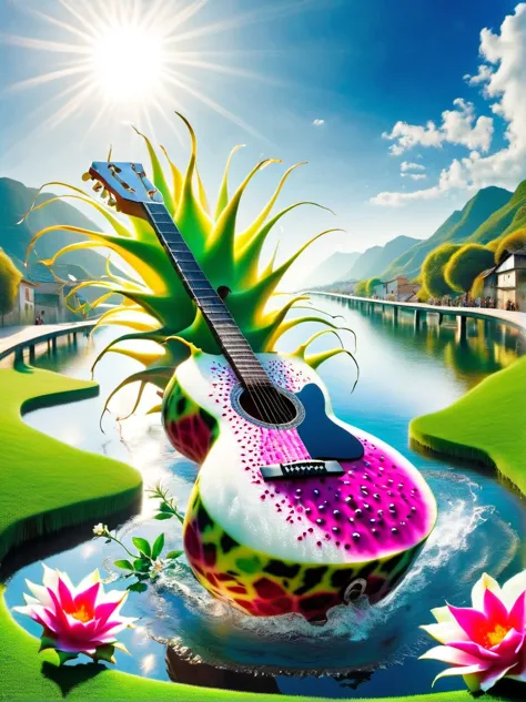 A guitar made of dragon fruit floats in the river, half leaking out, surrounded by a small amount of green grass and flowers. Th...