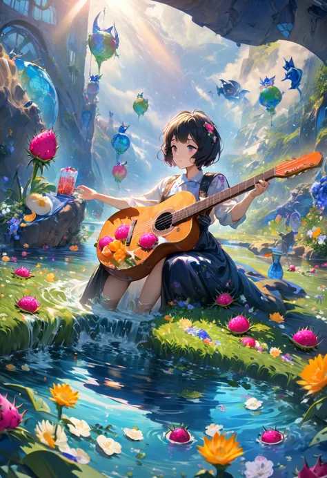 a guitar made of dragon fruit floats in the river, half leaking out, surrounded by a small amount of green grass and flowers. th...