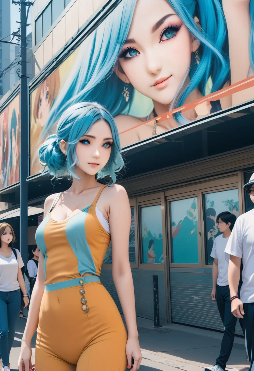 (best quality,4k,8k,highres,masterpiece:1.2),ultra-detailed,on the billboard in the city's cinema, a large poster of the movie with the name "AISHA HANABI", blue hair with side pigtsils, in the background a crowd of people on the streets of a city, (art deco), 70's, japan,