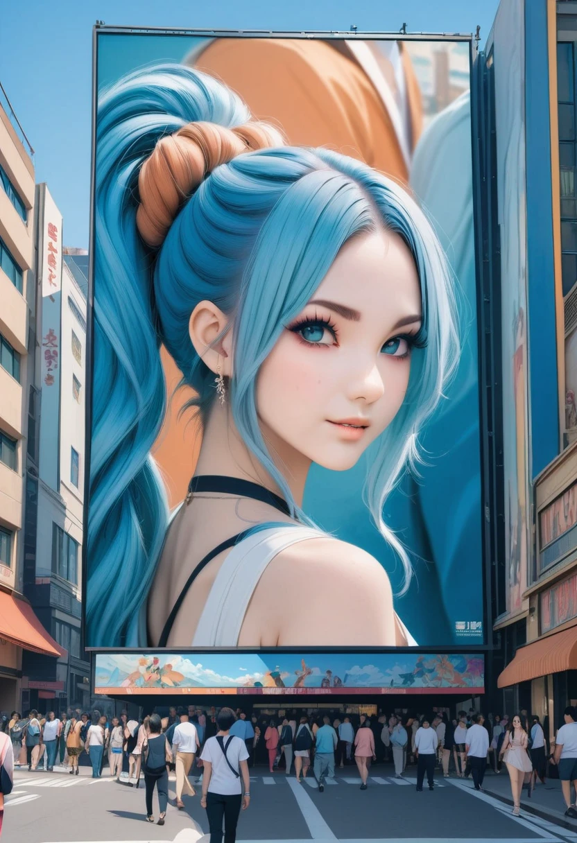 (best quality,4k,8k,highres,masterpiece:1.2),ultra-detailed,on the billboard in the city's cinema, a large poster of the movie with the name "AISHA HANABI", blue hair with side pigtsils, in the background a crowd of people on the streets of a city, (art deco), 70's, japan,