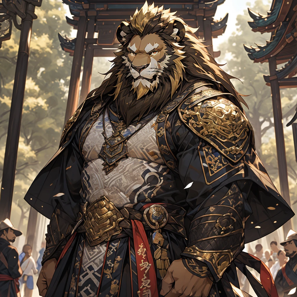 Golden skin lion),(Black and white yin and yang general battle robe),Bow and arrow on his back,strong posture,stand calmly,(In the background is a city covered in forest:1.2),abdominal muscles,heroic posture,A perfect masterpiece,Various facial details,distance perspective,specific description,masterpiece,CG,(golden eyes),black and white pattern,Crimson tail,General,heroic posture,lion,Black and gold fur,Specific facial details,Half body,(Black and white Yin and Yang General combat boots),(Chang Ling),((middle aged)),(Face focus),(16K),HD,black and white belly,Chinese style,beard,(Face line),different students,(Black and white yin and yang shirt),(Black and blond hair),Strong,muscle,(High resolution:1.3),(Standing in front of a city covered by forest),(close up),(Detailed face:1.5),Perfect details,(Half body),(Detailed depiction of face:1.5),(Zoom in on face:1.5),(White Face line:1.2),(Black Beard:1.3),(white face;1.6),golden body lion