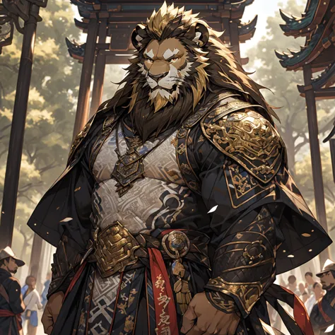 金色皮肤lion),(黑白阴阳General战袍),Bow and arrow on his back,strong posture,stand calmly,(In the background is a city covered in forest:1...