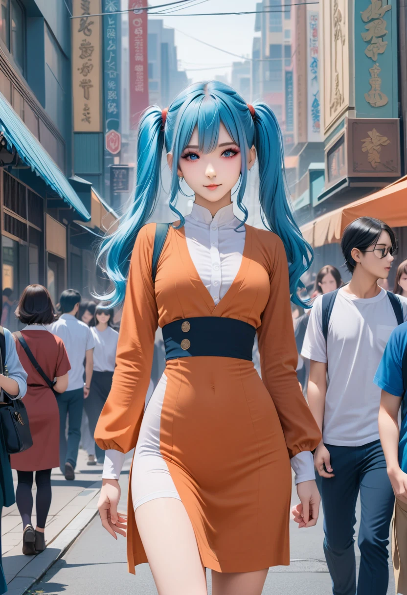 (best quality,4k,8k,highres,masterpiece:1.2),ultra-detailed, AISHA HANABI, blue hair with side pigtails, wearing a red dress, in the background a crowd of people on the streets of a city, (art deco), 70's, japan, cars, skycrapers,