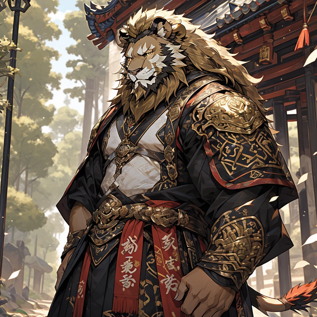 Golden skin lion),(Black and white yin and yang general battle robe),Bow and arrow on his back,quiver，strong posture,stand calmly,(In the background is a city covered in forest:1.2),abdominal muscles,heroic posture,A perfect masterpiece,Various facial details,distance perspective,specific description,masterpiece,CG,(golden eyes),black and white pattern,Crimson tail,General,heroic posture,lion,Black and gold fur,Specific facial details,Half body,(Black and white Yin and Yang General combat boots),(Chang Ling),((middle aged)),(Face focus),(16K),HD,black and white belly,Chinese style,beard,(Face line),different students,(Black and white yin and yang shirt),(Black and blond hair),Strong,muscle,(High resolution:1.3),(Standing in front of a city covered by forest),(close up),(Detailed face:1.5),Perfect details,(Half body),(Detailed depiction of face:1.5),(Zoom in on face:1.5),(White Face line:1.2),(Black Beard:1.3),(white face;1.6),golden body lion