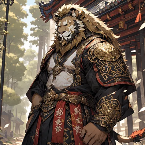 金色皮肤lion),(黑白阴阳General战袍),Bow and arrow on his back,quiver，strong posture,stand calmly,(In the background is a city covered in f...