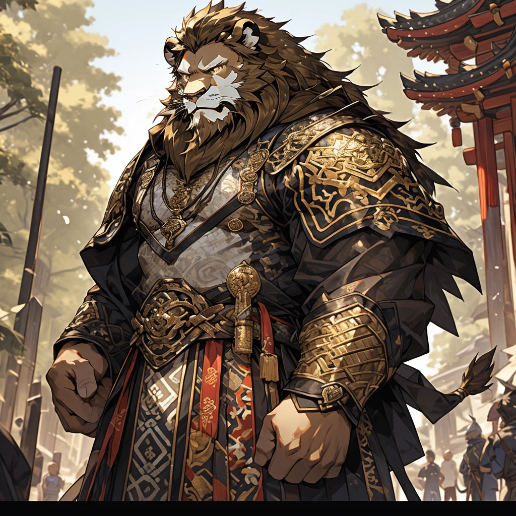 Golden skin lion),(Black and white yin and yang general battle robe),With a bow and arrow in his hand,Carrying a quiver，strong posture,stand calmly,(In the background is a city covered in forest:1.2),abdominal muscles,heroic posture,A perfect masterpiece,Various facial details,distance perspective,specific description,masterpiece,CG,(golden eyes),black and white pattern,Crimson tail,General,heroic posture,lion,Black and gold fur,Specific facial details,Half body,(Black and white Yin and Yang General combat boots),(Chang Ling),((middle aged)),(Face focus),(16K),HD,black and white belly,Chinese style,beard,(Face line),different students,(Black and white yin and yang shirt),(Black and blond hair),Strong,muscle,(High resolution:1.3),(Standing in front of a city covered by forest),(close up),(Detailed face:1.5),Perfect details,(Half body),(Detailed depiction of face:1.5),(Zoom in on face:1.5),(White Face line:1.2),(Black Beard:1.3),(white face;1.6),golden body lion