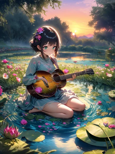 ((Evening Pond:1.8))，A guitar made of dragon fruit floats in the river, half leaking out, surrounded by a small amount of green ...