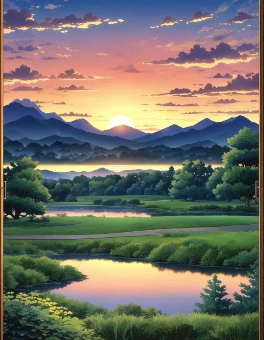 dusk landscape, sunset，pond，anime style, With mountains and clouds as background，lotus，girl