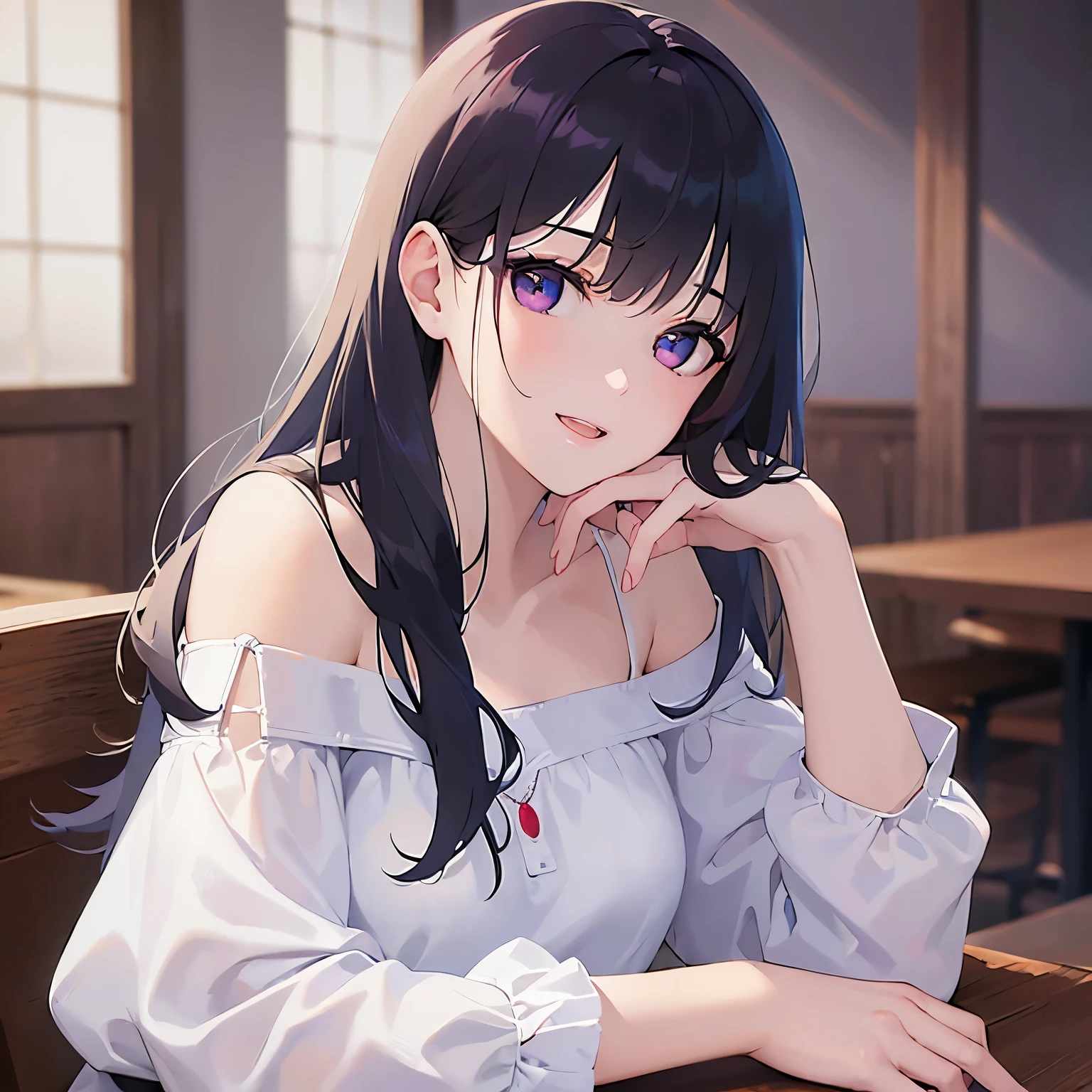 (white off shoulder blouse:1.5), hand on own chin、Biologically correct five fingers、Upper Body, Realistic, real person, (pale skin: 1.2), RAW photo, photorealistic, portrait photography, shiny skin, japanese idol、shiny hair、(25 year old woman with straight medium hair with bangs) and (black hair) and (purple eyes) , smile, open mouth, The background is the interior of the cafe.、Alone、sitting
