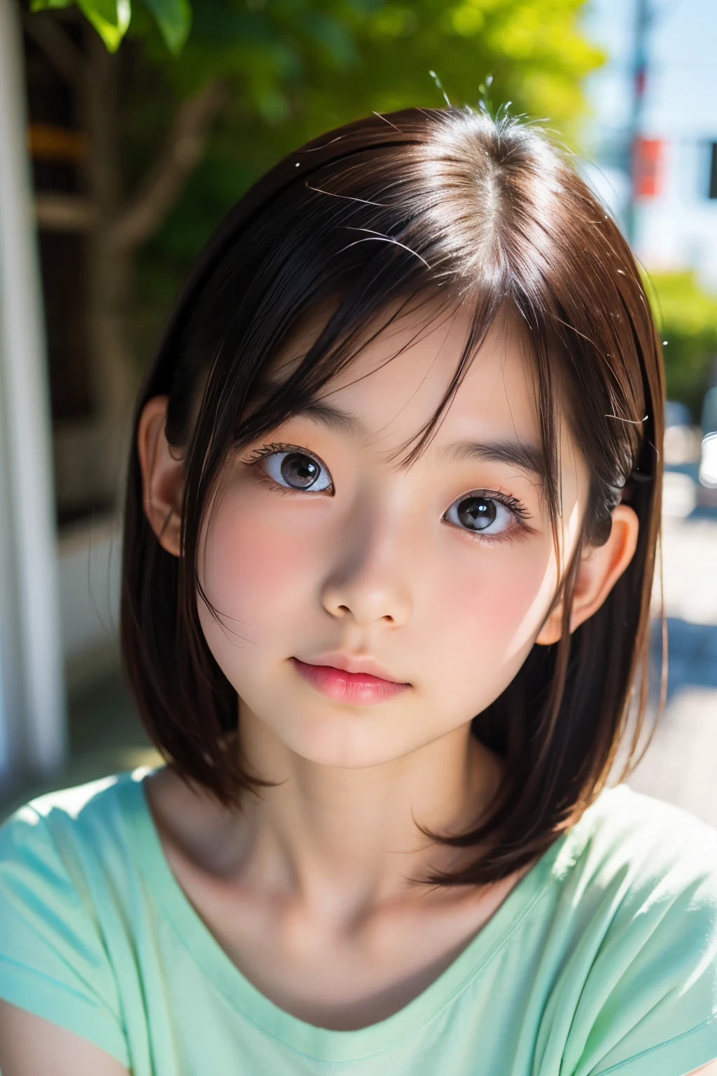 (Beautiful 12 year old Japanese female), cute face, (deeply carved face:0.7), (freckles:0.6), soft light,healthy white skin, shy, bob, (serious face), (sparkling eyes), thin