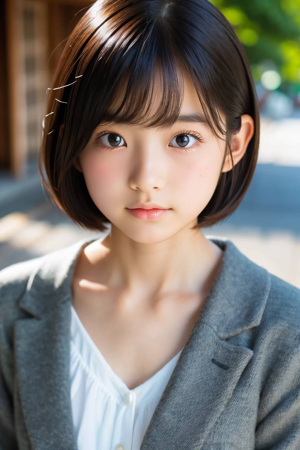 (Beautiful 16 year old Japanese female), cute face, (deeply carved face:0.7), (freckles:0.6), soft light,healthy white skin, shy, bob, (serious face), (sparkling eyes), thin
