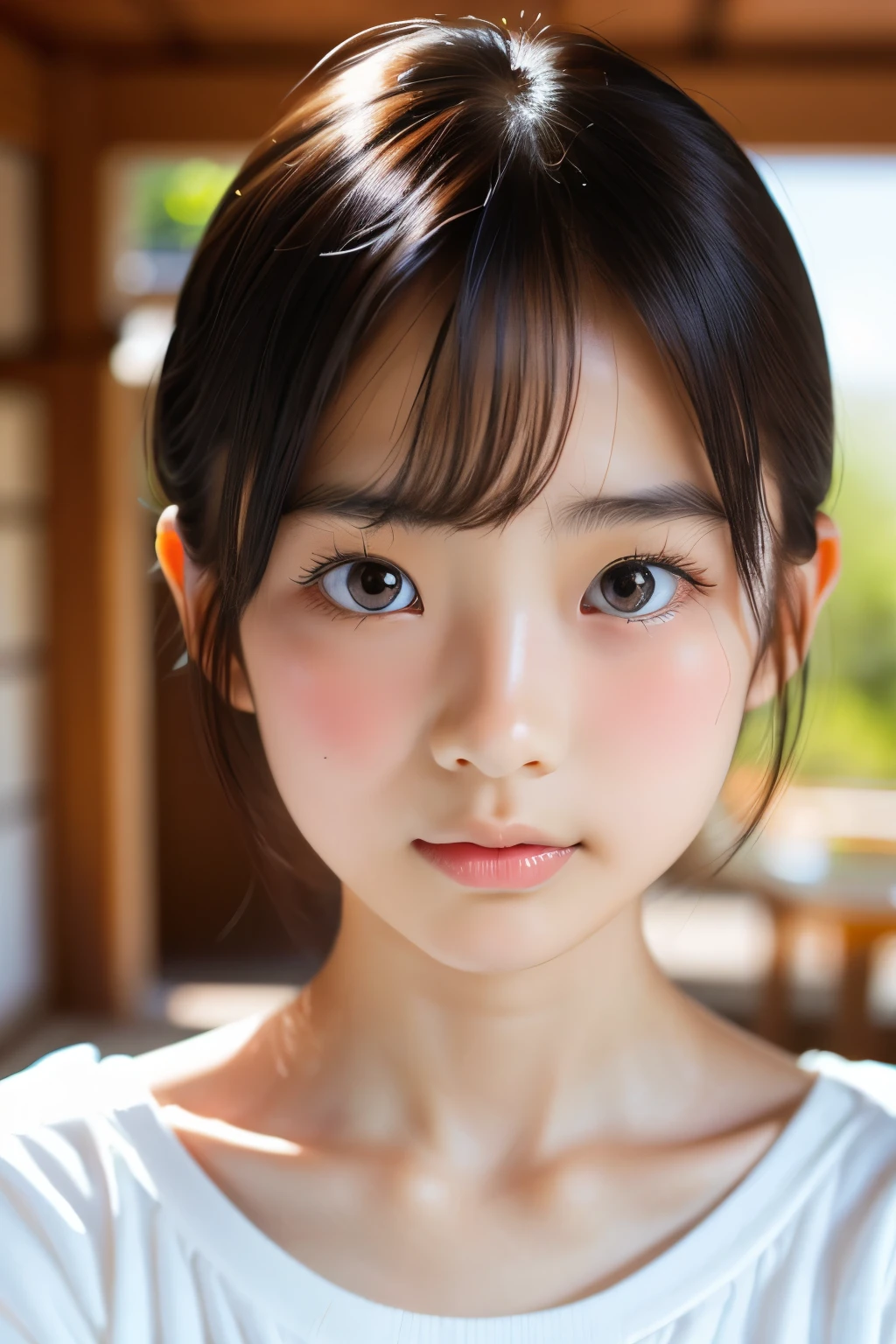 (Beautiful 16 year old Japanese female), cute face, (deeply carved face:0.7), (freckles:0.6), soft light,healthy white skin, shy, bob, (serious face), (sparkling eyes), thin
