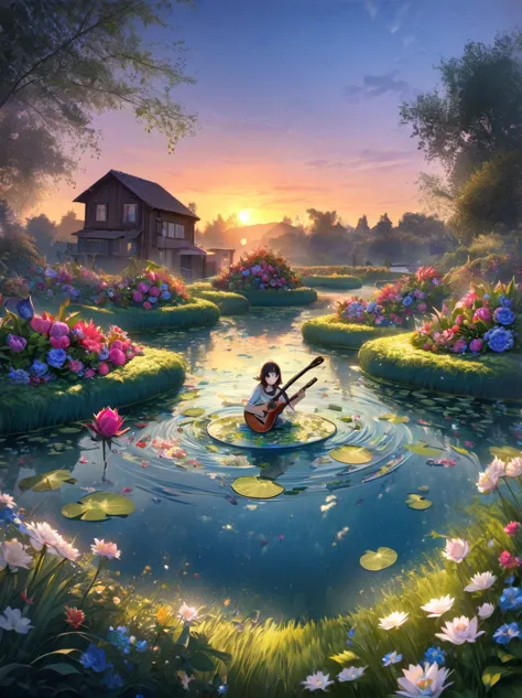 ((Evening Pond:1.8))，A guitar made of dragon fruit floats in the river, half leaking out, surrounded by a small amount of green ...