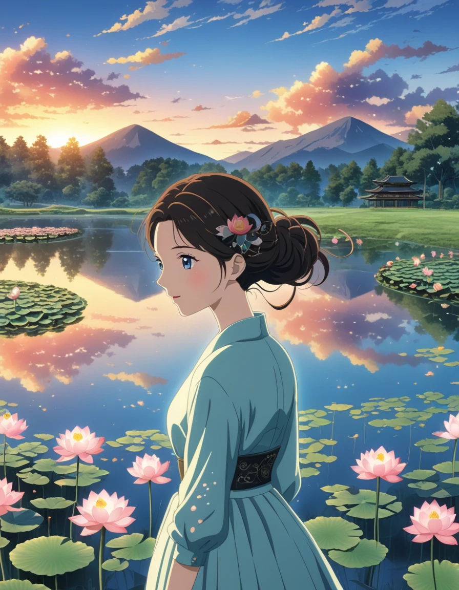 dusk landscape, sunset，pond，anime style, With mountains and clouds as background，lotus，girl