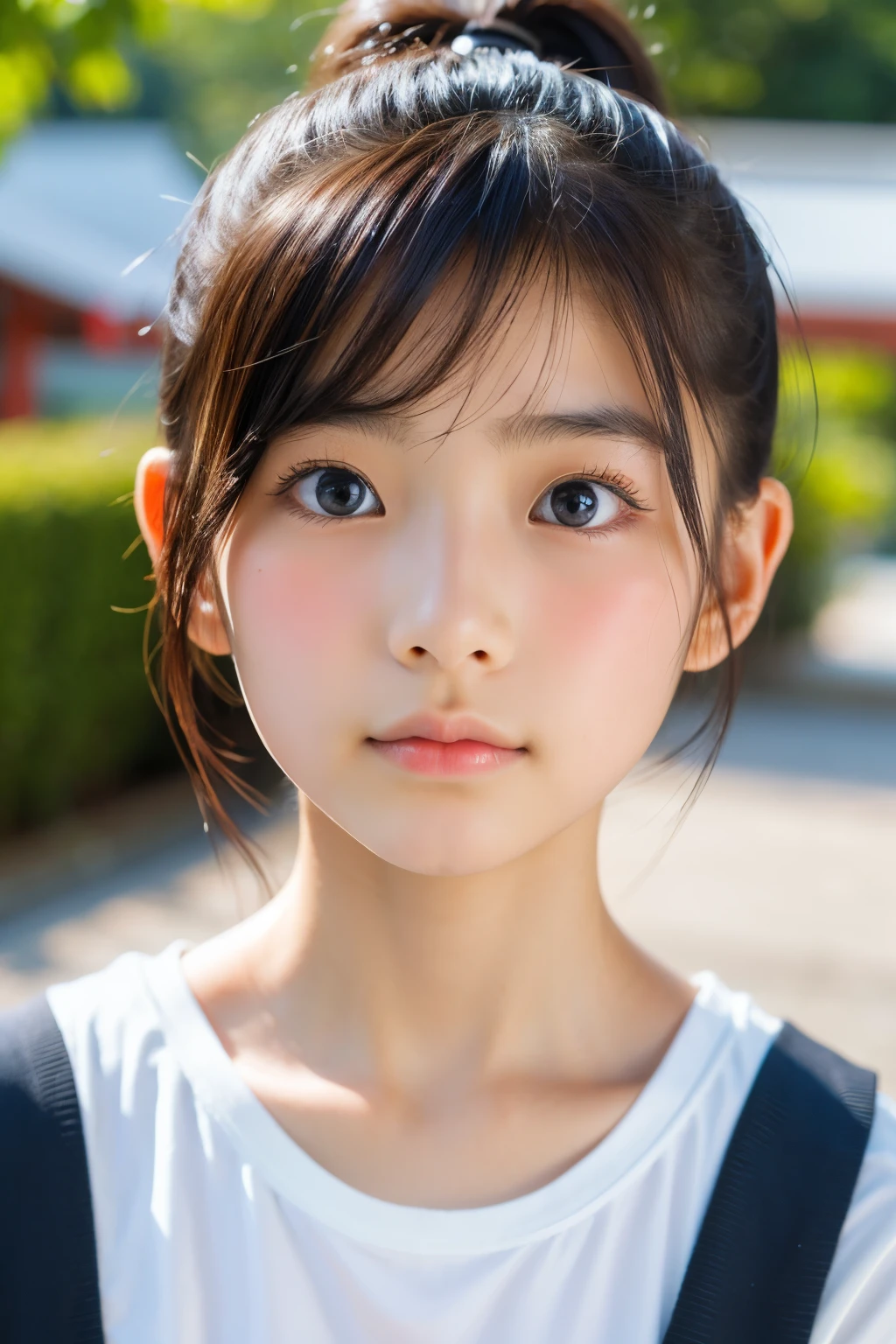 (아름다운 16세 일본 여성), 귀여운 얼굴, (깊게 새겨진 얼굴:0.7), (주근깨:0.6), 부드러운 빛,건강하고 하얀 피부, 수줍은, 포니테일, (진지한 얼굴), (반짝이는 눈), 얇은