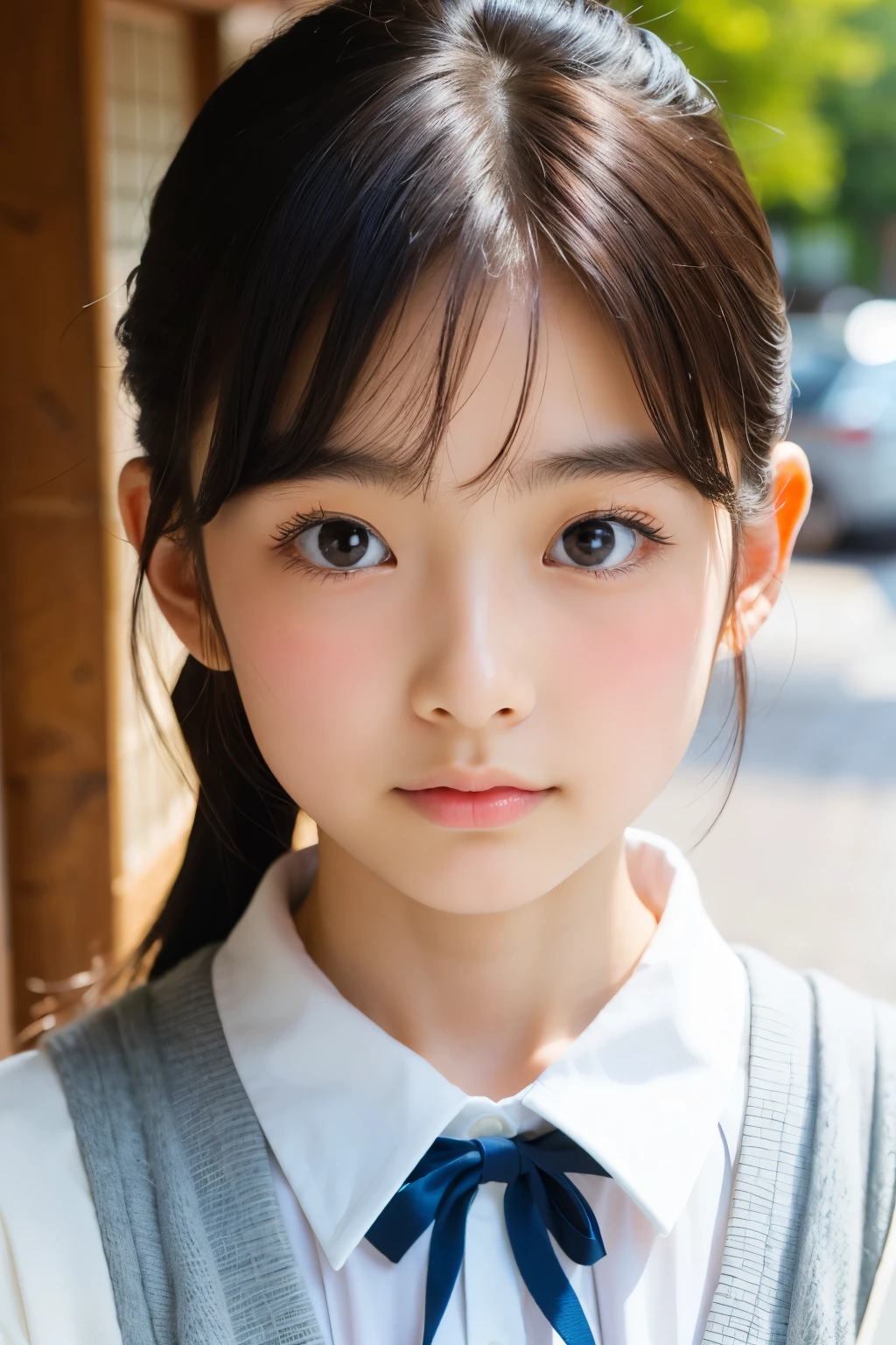 (Beautiful 16 year old Japanese female), cute face, (deeply carved face:0.7), (freckles:0.6), soft light,healthy white skin, shy, ponytail, (serious face), (sparkling eyes), thin