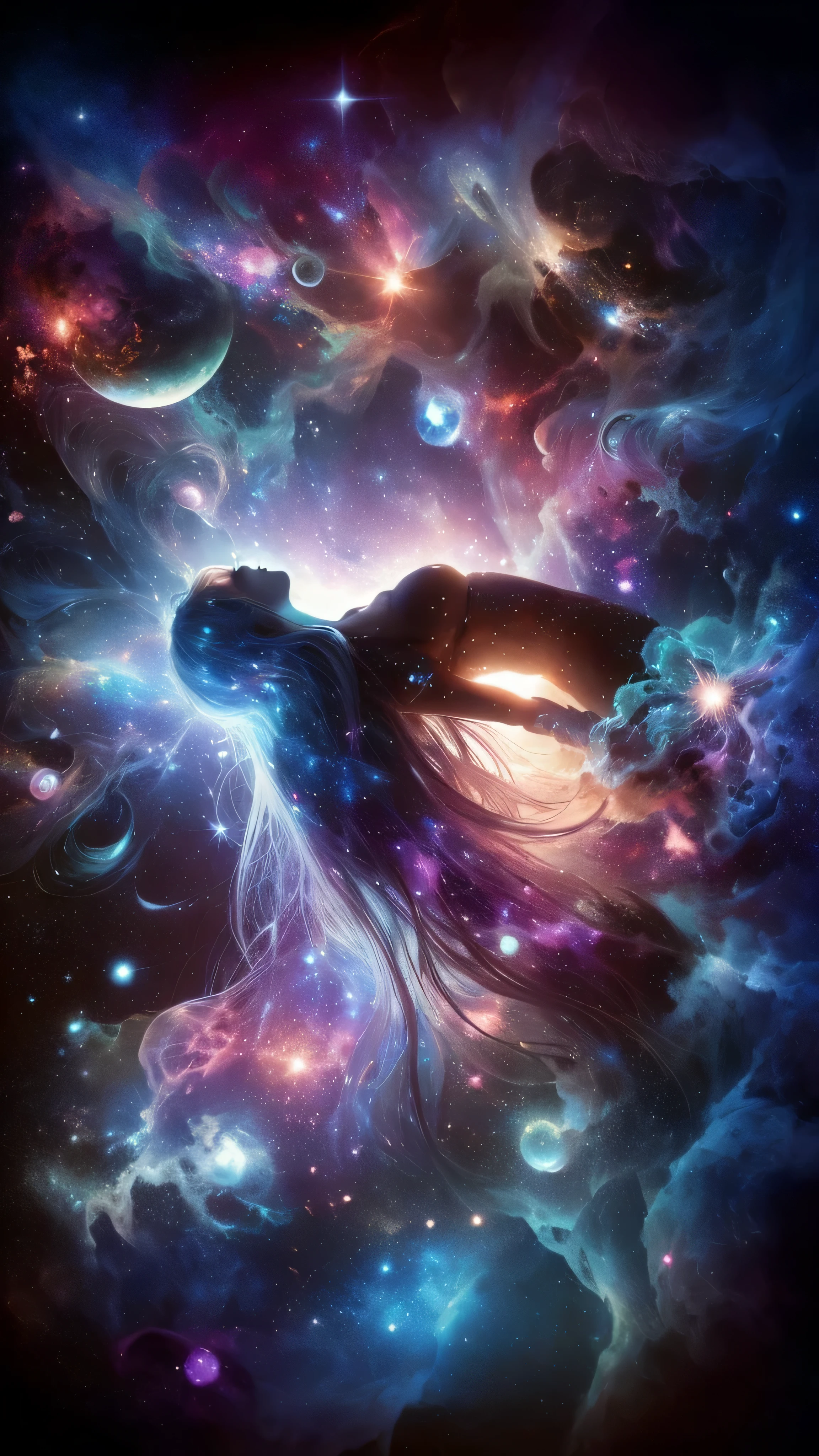 a close up of a woman's head in a galaxy like space, blonde girl in a cosmic dress, magical fairy floating in space, in the astral plane ) ) ), floating in the cosmos nebula, floating in a cosmic nebula, goddess of galaxies, cosmic goddess, elven spirit meditating in space, anime girl with cosmic hair, portrait of a cosmic goddess