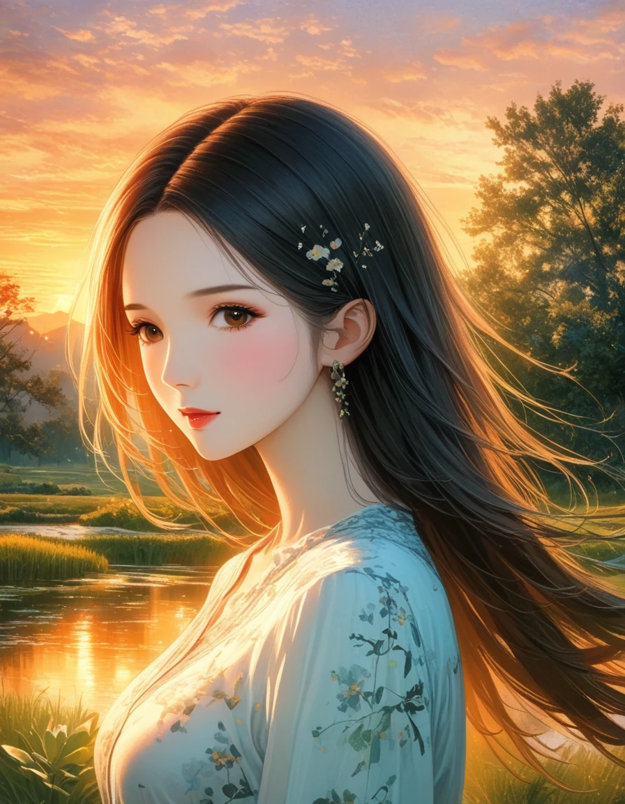 dusk landscape, sunset，pond，anime style, With mountains and clouds as background，lotus，girl