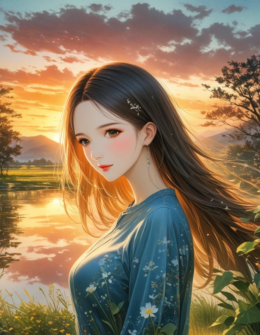 dusk landscape, sunset，pond，anime style, With mountains and clouds as background，lotus，girl