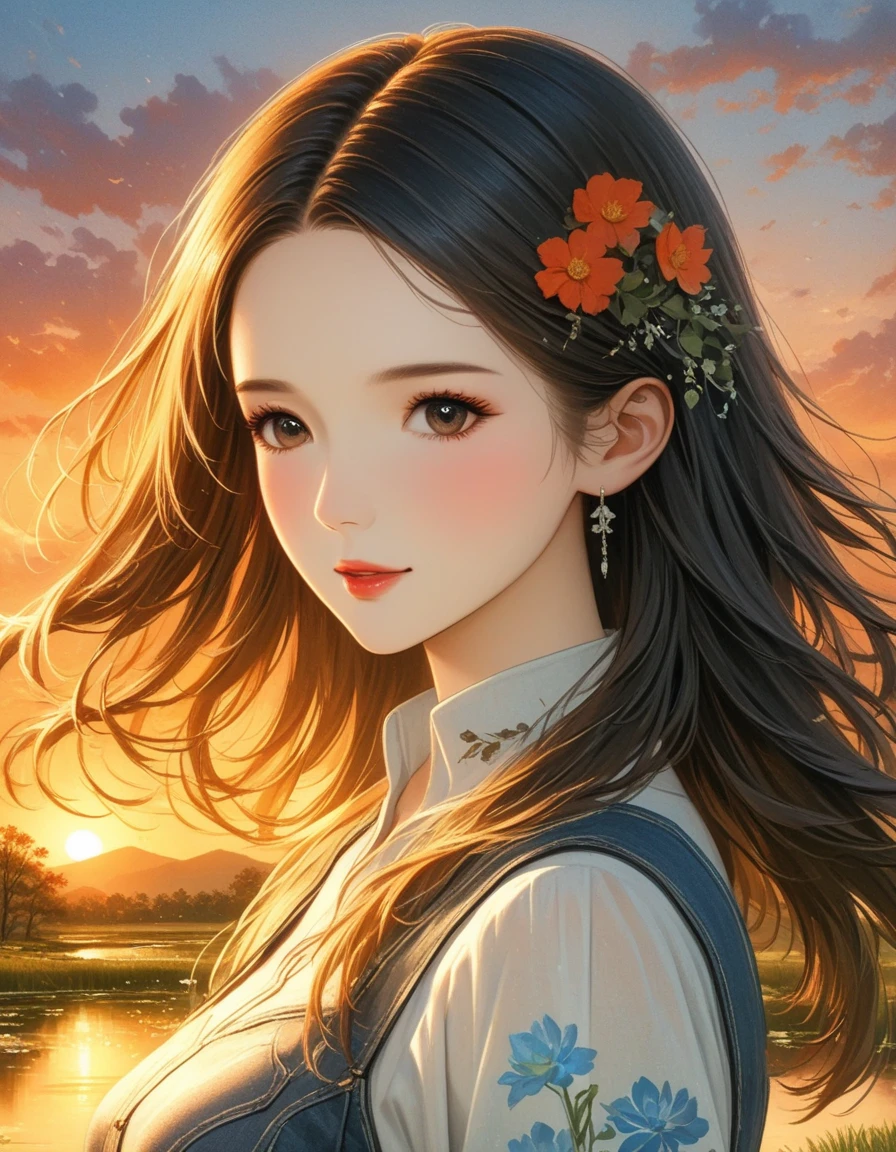 dusk landscape, sunset，pond，anime style, With mountains and clouds as background，lotus，girl