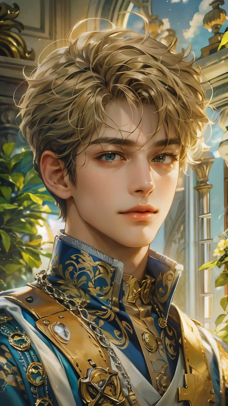 (absurdres, highres, ultra detailed, HDR), masterpiece, intricate details, best quality close-up picture of King perseus in his younger age with a perfect face, smirks, a boy with handsome looks, cool royale outfit, short hair, anime eyes, matured teen, fantastic outfit showing chest, crop top, detailed Philippines interiors, window beach scenery, detailed character, art kenouji