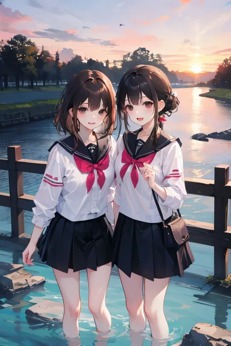 sunset、two women、uniform、skirt、cute、Fashionable、
River side、youth、black hair、brown hair、ice、