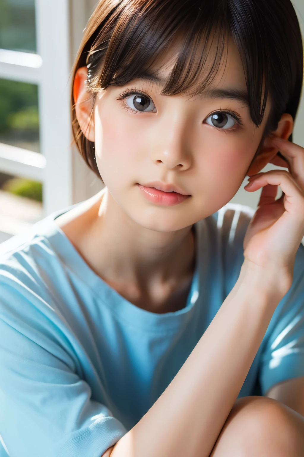 (Beautiful 16 year old Japanese female), cute face, (deeply carved face:0.7), (freckles:0.6), soft light,healthy white skin, shy, short hair, (serious face), (sparkling eyes), thin