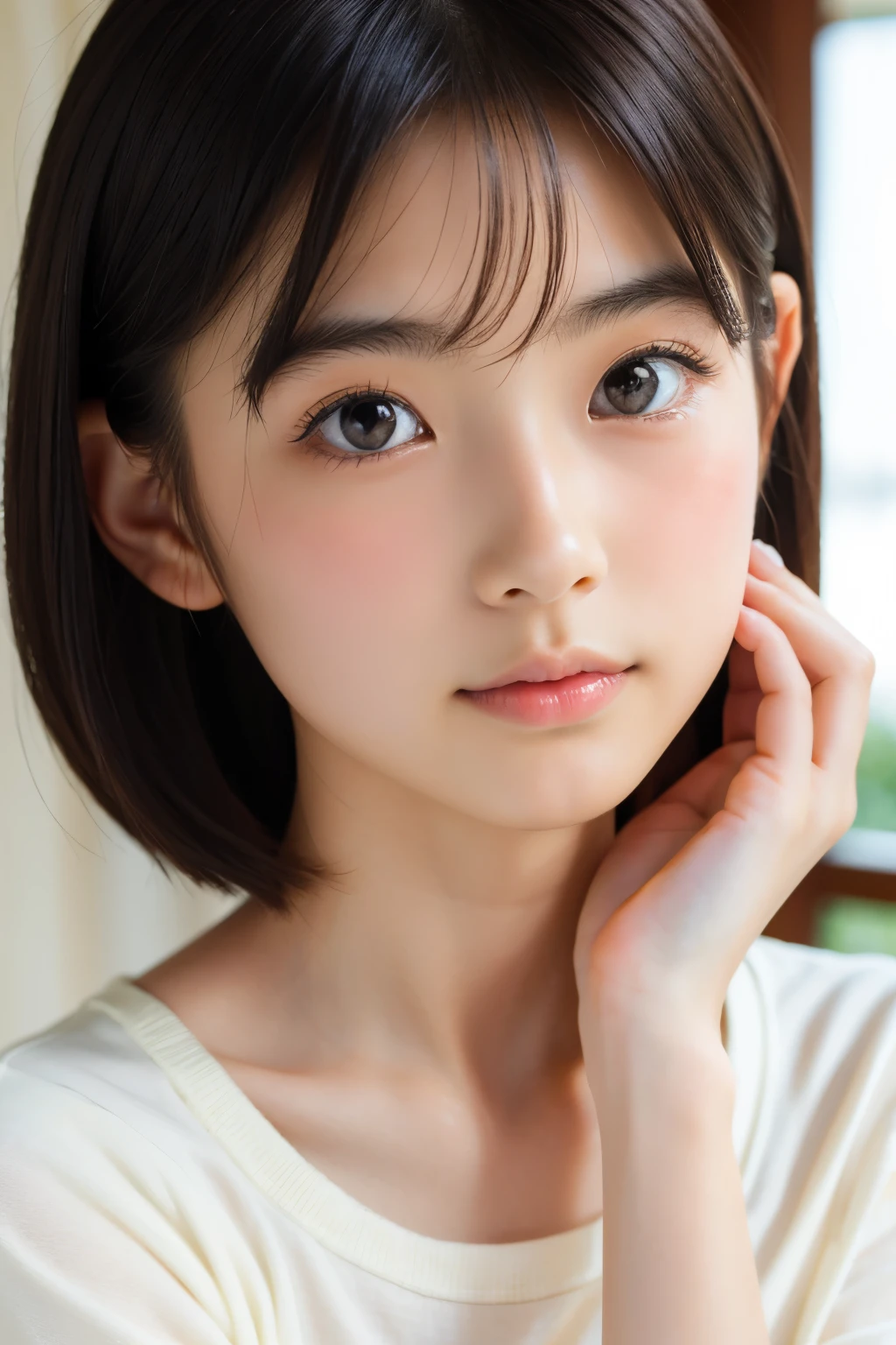 (Preciosa japonesa de 16 años), Cara linda, (rostro profundamente tallado:0.7), (pecas:0.6), Luz tenue,piel blanca y sana, tímido, cabello corto, (cara seria), (ojos chispeantes), delgado