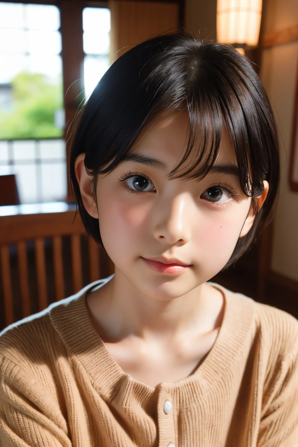 (Preciosa japonesa de 16 años), Cara linda, (rostro profundamente tallado:0.7), (pecas:0.6), Luz tenue,piel blanca y sana, tímido, cabello corto, (cara seria), (ojos chispeantes), delgado