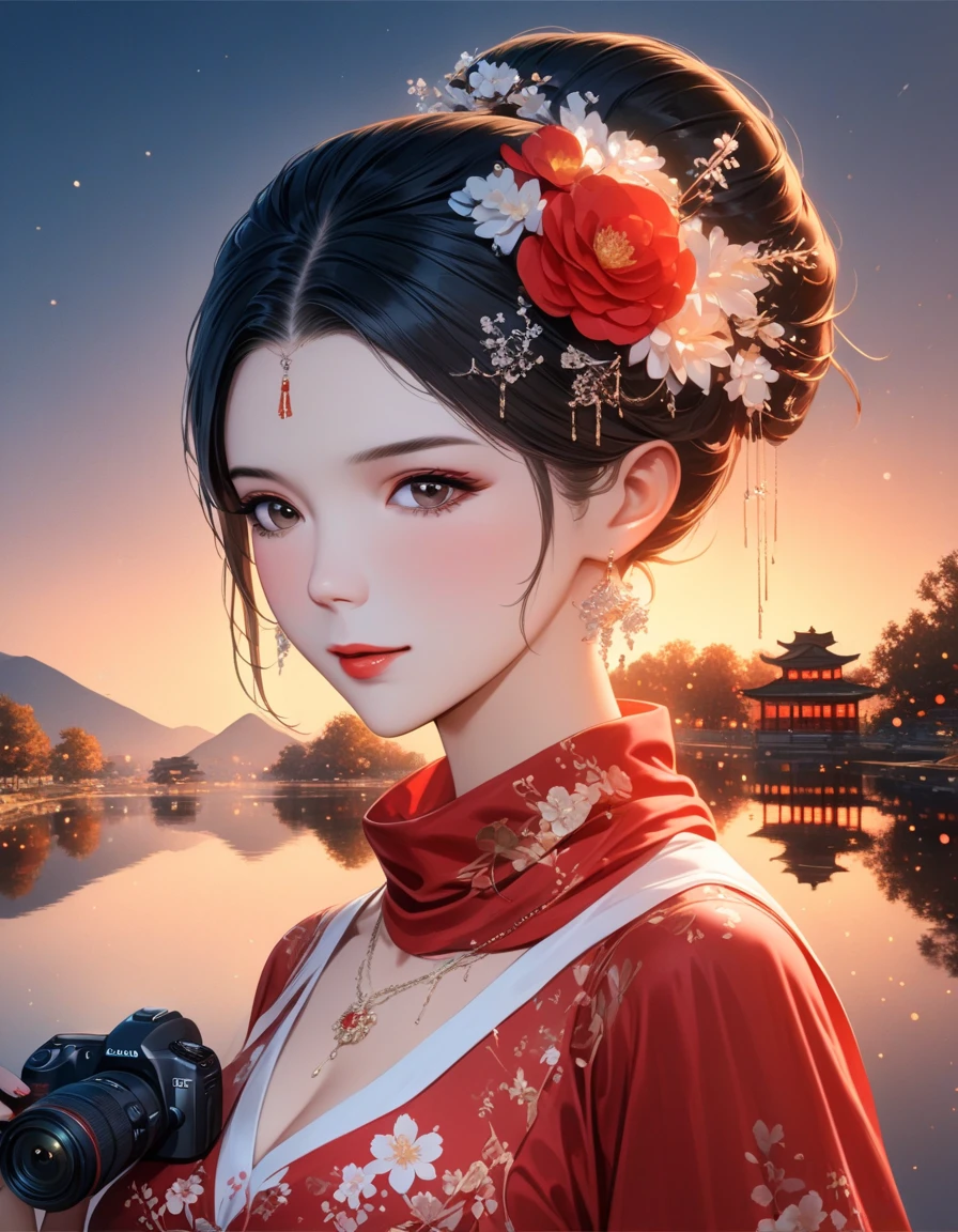 dusk landscape, sunset，pond，anime style, With mountains and clouds as background，lotus，girl