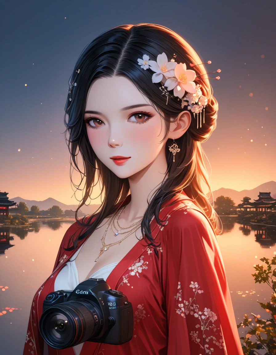 dusk landscape, sunset，pond，anime style, With mountains and clouds as background，lotus，girl