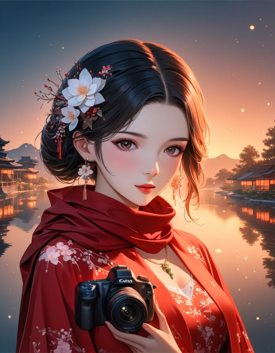 dusk landscape, sunset，pond，anime style, With mountains and clouds as background，lotus，girl