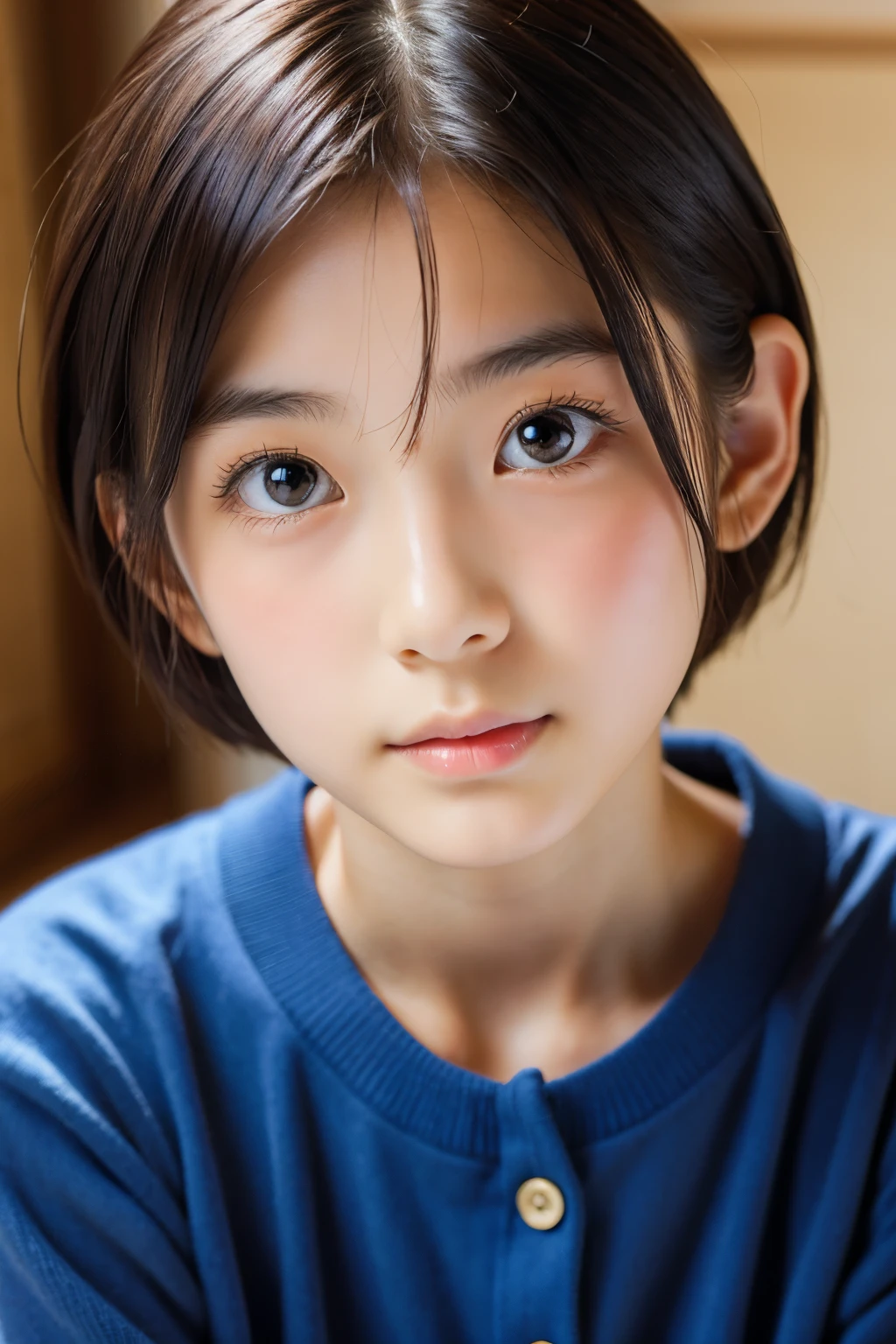 (Beautiful 16 year old Japanese female), cute face, (deeply carved face:0.7), (freckles:0.6), soft light,healthy white skin, shy, short hair, (serious face), (sparkling eyes), thin