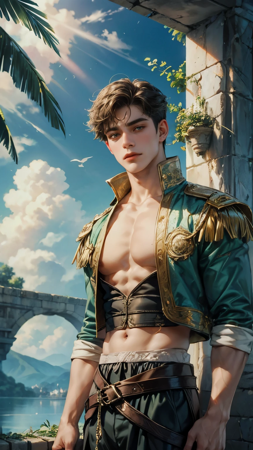 (absurdres, highres, ultra detailed, HDR), masterpiece, intricate details, best quality close-up picture of King perseus in his younger age with a perfect face, smirks, a boy with handsome looks, cool royale outfit, short hair, anime eyes, matured teen, fantastic outfit showing chest, crop top, detailed Philippines interiors, window beach scenery, detailed character, art kenouji