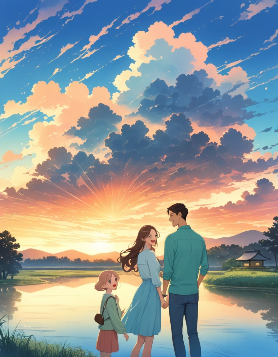 dusk landscape, sunset，pond，anime style, With mountains and clouds as background，lotus，girl