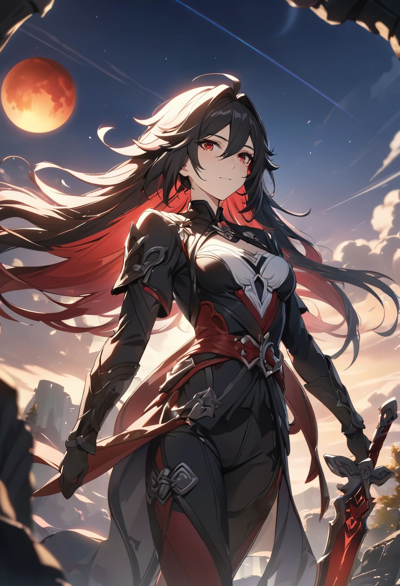 ((solo)), (woman), cherry red eyes, raven black hair, very long messy hair, vibrant red colored inner hair, thin body, hair a close up of a person with a sword in a desolate land detailed key anime art, honkai star trail character, casimir art, masamune shiro, masamune, handsome guy in demon slayer art, genshin, heise jinyao, shadowverse style, (no logos), eclipse, black powers, twilight scenery, detailed clothes, eye reflection, depth of field, cinematic lighting, ray tracing, depth of field, cinematic lighting, ray tracing, UHD, high details, best quality, highres, high quality, award winning, super detail, masterpiece, 8k, UHD, high details, best quality, highres, high quality, award winning, super detail, masterpiece, 8k
