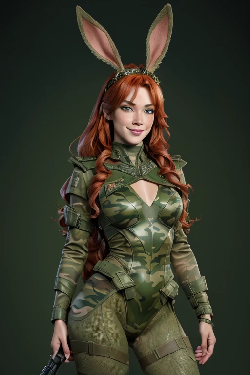 (mejor calidad, 8K, ultra detallado, Realista:1.37),  mujer vistiendo un vestido de camuflaje militar,rabbit ears tiara,cabello rojo,Pestañas postizas,labios carnosos,MIRANDO AL observador, Sonrisa pequeña,pantimedias verde claro,Paolo Serpieri Arte, Luis Royo Arte, milo manara arte, Arte de Bernie Wrightson, ESCENARIO fondo florido de florest