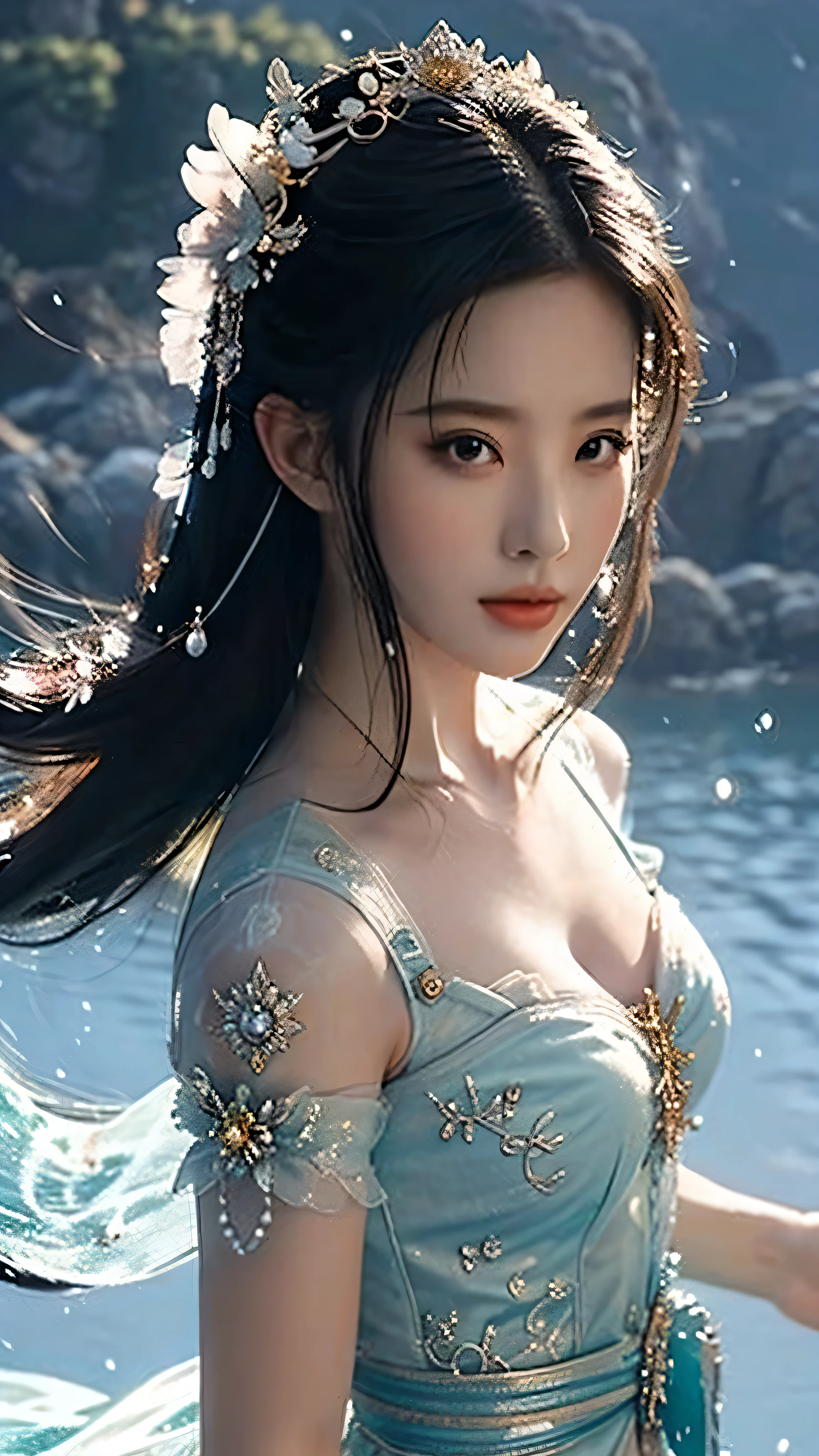 masterpiece, best quality, illustration, Super detailed, fine details, high resolution, 8k wallpaper, Arapei wearing a blue and white dress standing in the water, Anime girl walking on water, Close-up fantasy of water magic, Azure Lane style, Popular topics on cgstation, Anime Girls Cosplay, serafina ali kda, Splash art anime , cgstation trends, realistic water, water fairy, WLOP 和 Sakimichan
