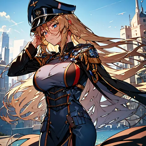 a woman wearing a custom military dress, military hat, big breasts, wearing a cape, long blonde hair, blue eyes, in the upper pa...