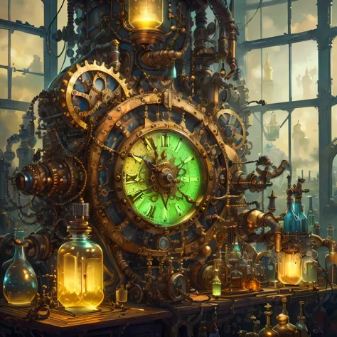 There is a clock with many bottles on the table, fantasy alchemist&#39;s laboratory, in a steampunk laboratory, steampunk factor...