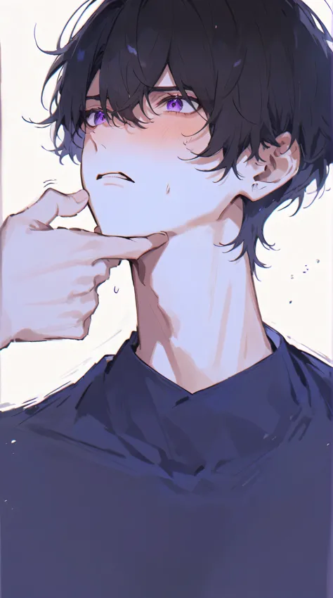 An embarrassed face, a troubled face, Beautiful young man, dark hair, purple eyes, Profile, chin held, chin pulled back by someone off-screen,high quality, amount of drawing, pixiv illustration