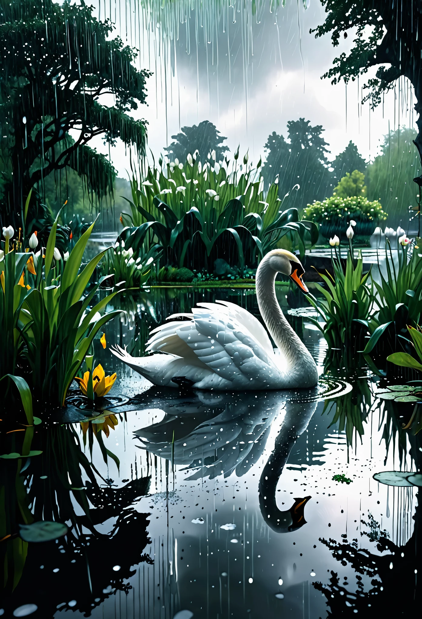 (realistic rendering:1.2),(ultra wide lens),(double exposure),(fantasy movie),(rain),(pond),(swan),(vibrant colors),(golden hour lighting),(reflection),(mysterious atmosphere),(dreamlike),(ethereal),(misty),(cinematic quality),(fog),(captivating composition),(subtle details),(moody),(silhouette),(dramatic),(water droplets),(emotive),(mesmerizing),(ephemeral),(serene),(enchanting),(surreal),(soft focus),(mystical),(shadow play),(timeless),(artistic),(intricate texture),(whimsical),(enigmatic),(beautiful contrast),(magical),(hidden beauty),(harmonious),(illuminated),(ethereal),(serene),(enchanting),(surreal),(soft focus),(mystical),(shadow play),(timeless),(artistic),(intricate texture),(whimsical),(enigmatic),(beautiful contrast),(magical),(hidden beauty),(harmonious),(illuminated)