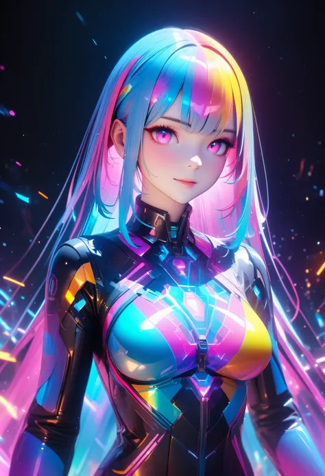 holography, draw in neon colors:1 girl:Future, transparent, Three dimensions, light, SF, Digital art, Digital, scientific, dark background: electronic circuit: draw in neon colors, 3D, masterpiece, Digital空間, energy, beautiful, masterpiece, 8K, light, be f...