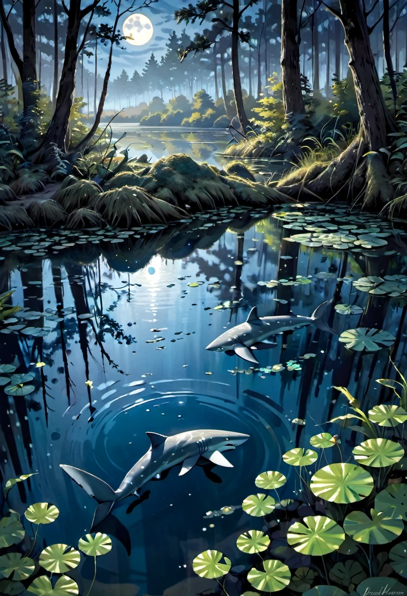 (best quality,ultra-detailed,realistic:1.37),sharks hunting the shores of an evening pond in a forest,water ripples,marshy ground,dense trees,reflection of moonlight,ominous atmosphere,sparkling water,submerged roots,dappled sunlight,fading sunlight,glimmering shadows,lit by soft moonlight,glistening algae,ripples spreading outwards,magic hour,serene stillness,lurking danger,wetland scenery,dramatic composition,majestic predators,creatures of the night,mysterious ambiance,rippling reflections of trees,hidden depths,moving silently,forest's edge,whispering leaves,dusky hues,shimmering scales,rippling movements,teeth glinting in the moonlight,subtle shades of blue,ominous glances,awe-inspiring hunters,peaceful setting,translucent water,hidden camouflage,calm and hushed