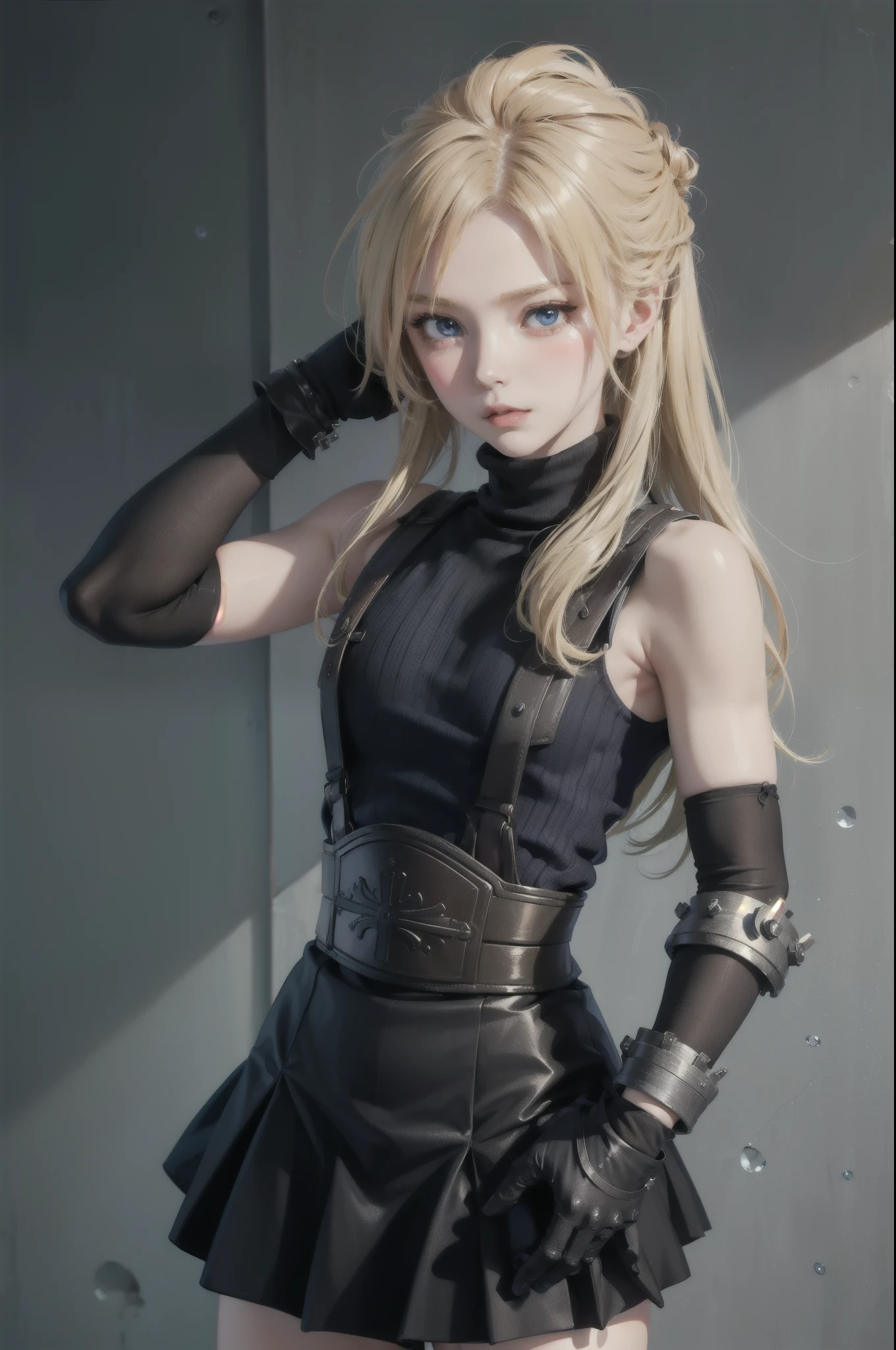 (masterpiece, best quality:1.2), expressive eyes, perfect face, highres, 1 girl, solo, (small:1.5), kids, (female:1.5), strife, blonde hair, shoulder armor, sleeveless turtleneck, suspenders, belt, gloves, bracer, blushing, surprised face, standing, portrait, looking at viewer,