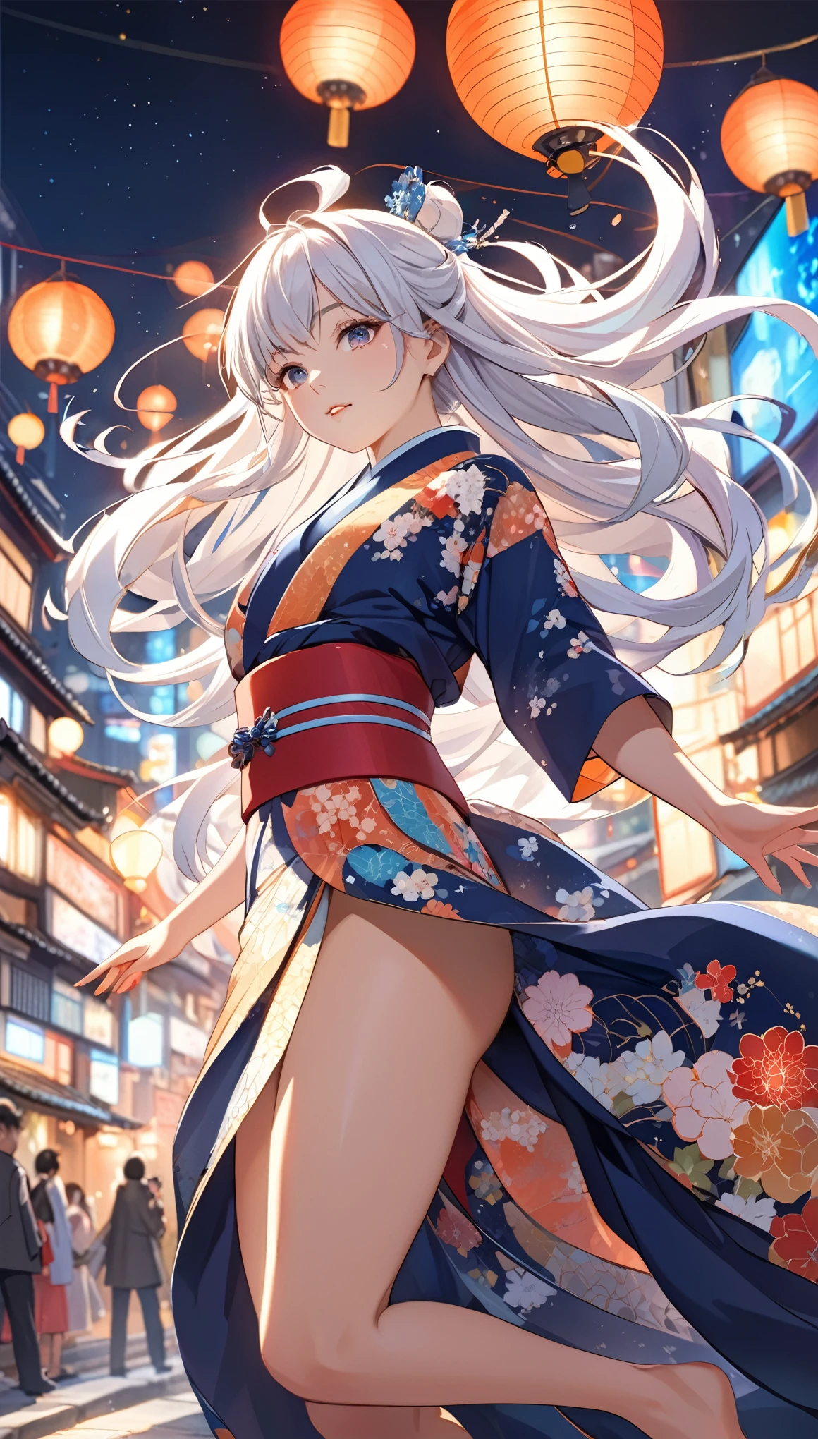Illustrate a new portrayal of an anime girl with an immaculate hourglass figure, white hair, and brown Japanese skin, presenting herself in another unique, dynamic pose. She is adorned in a kimono, which is elegantly designed to accentuate her curves and golden ratio physique. The kimono is detailed with a pattern that signifies growth and progress, adding layers of depth to her character. Her eyes are a focal point, rendered in exceptional detail to convey depth, intelligence, and emotion. The backdrop is an intricately detailed night scene of a Japanese city, vibrant with the energy and lights of urban life. This masterpiece should encapsulate the entire scene, focusing on the anime girl's beauty, the complexity of her attire, and the bustling city environment. The image is crafted to celebrate the fusion of traditional beauty and modern dynamism, showcasing the anime girl in a fresh and vibrant pose against the nocturnal backdrop of Japan.